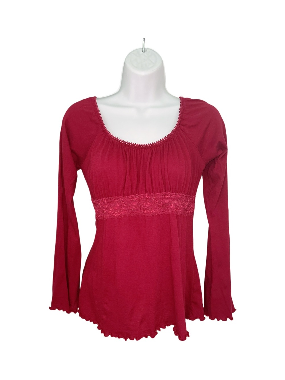 Self Esteem Y2K Babydoll Deep Red Scoop Neck Long Sleeve Top Lace Trim 90s Fairy